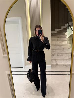 Siyah Tasarım Cep Kapakçıklı Kol Detaylı Gömlek-2257