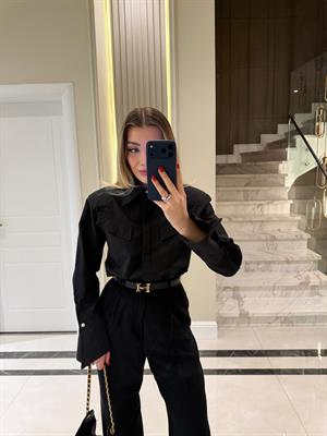 Siyah Tasarım Cep Kapakçıklı Kol Detaylı Gömlek-2257