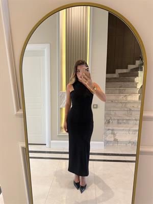 Siyah Tek Omuz Midi Boy Elbise