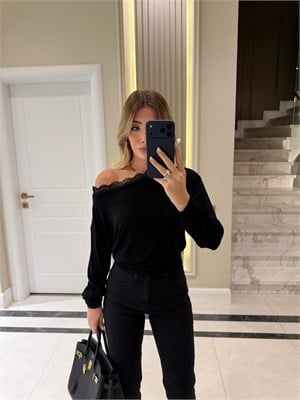 Siyah Tek Omzu Açık Dantelli Bluz-1013