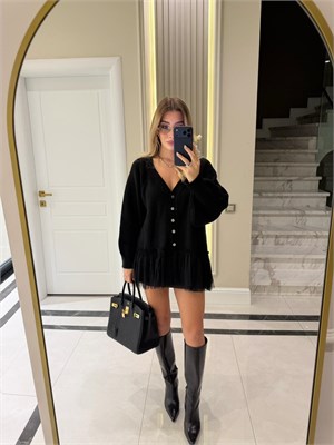 Siyah Tül Garnili Oversize Hırka - 2839 