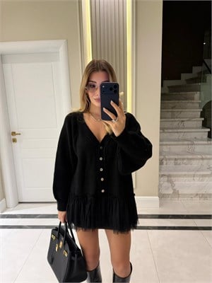 Siyah Tül Garnili Oversize Hırka - 2839 