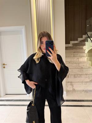 Siyah Uçuşan Pelerin Bluz-5026