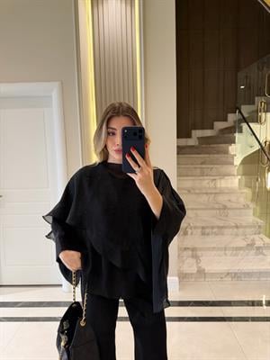 Siyah Uçuşan Pelerin Bluz-5026