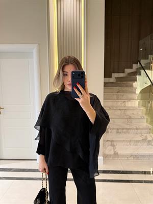 Siyah Uçuşan Pelerin Bluz-5026
