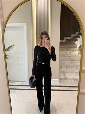 Siyah Uzun Kollu Taşlı Bluz