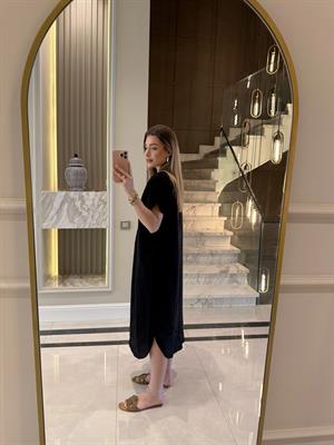 Siyah V Yaka Ham Keten Midi Boy Elbise-3131