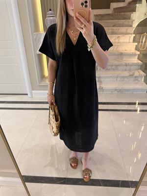 Siyah V Yaka Ham Keten Midi Boy Elbise-3131