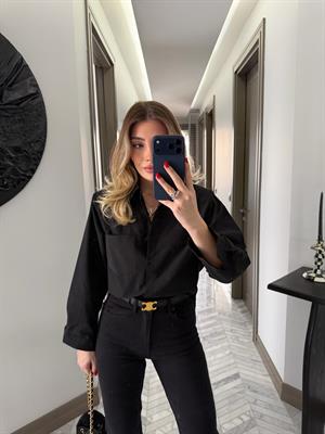 Siyah Vatkalı Poplin Gömlek-1008