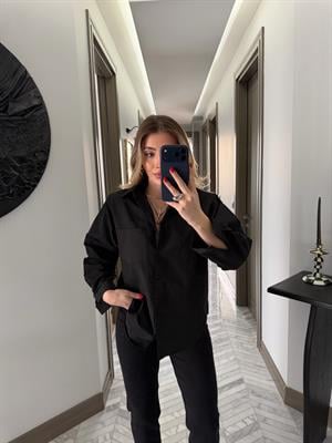 Siyah Vatkalı Poplin Gömlek-1008