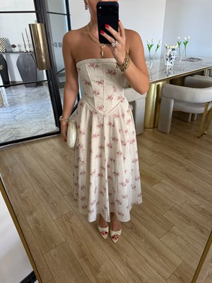 Straplez Çiçek Desenli Elbise Ekru-Rose - 12470