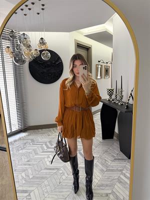 Tarçın Dokulu Şifon Elbise-35537