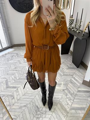 Tarçın Dokulu Şifon Elbise-35537