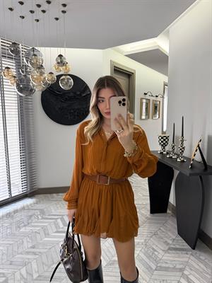 Tarçın Dokulu Şifon Elbise-35537