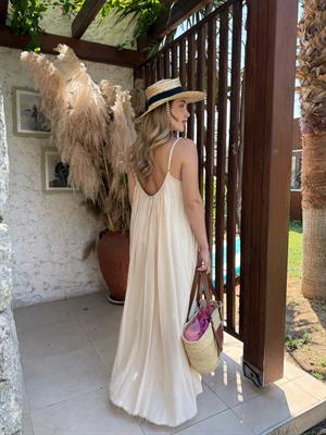 Taş Askılı Büzgülü Natural Elbise- 3173