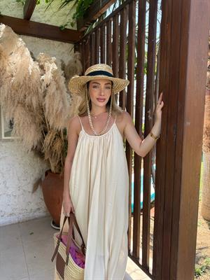 Taş Askılı Büzgülü Natural Elbise- 3173