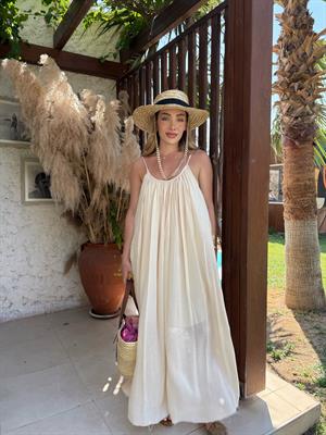 Taş Askılı Büzgülü Natural Elbise- 3173