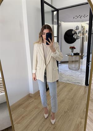 Taş -Gri Çizgili Keten Ceket 9424