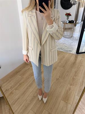 Taş -Gri Çizgili Keten Ceket 9424