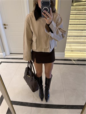 Taş Kadife Yaka Gabardin Ceket - 1252