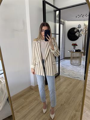 Taş-Kahve Çizgili Keten Ceket 9424