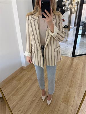 Taş-Kahve Çizgili Keten Ceket 9424