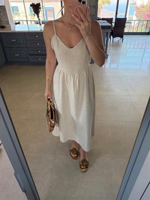 Taş Rengi  Arkadan Bağlamalı Elbise CR