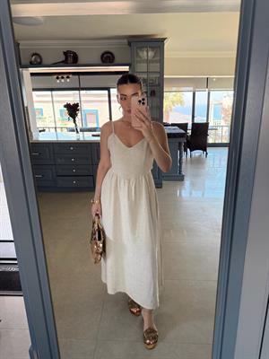 Taş Rengi  Arkadan Bağlamalı Elbise CR