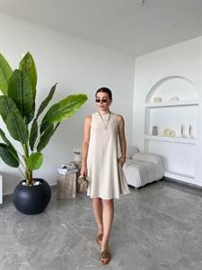 Taş Rengi Ham Keten Sıfır Kol Elbise