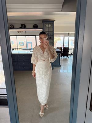 Taş Rengi Uzun Lilyum Elbise 