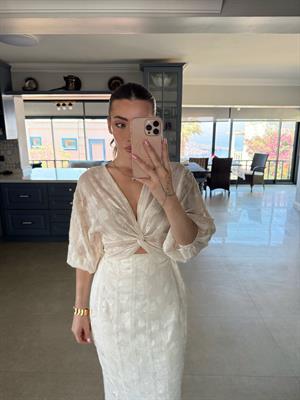 Taş Rengi Uzun Lilyum Elbise 