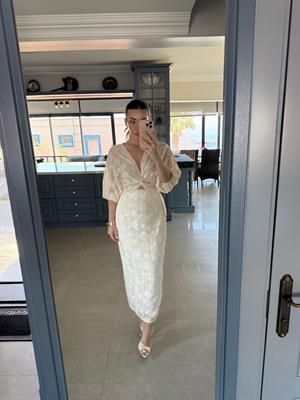 Taş Rengi Uzun Lilyum Elbise 