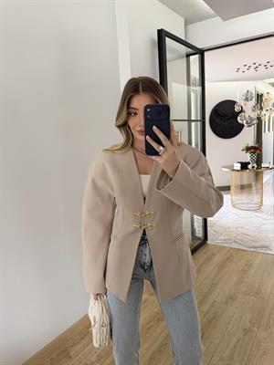 Taş Rengi Yakasız Blazer Ceket-9726