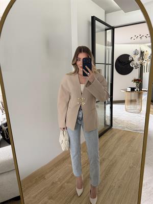 Taş Rengi Yakasız Blazer Ceket-9726