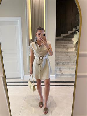 Taş Renk Ham Keten Kemerli Elbise