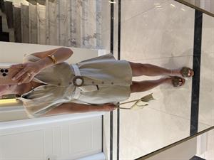 Taş Renk Ham Keten Kemerli Elbise