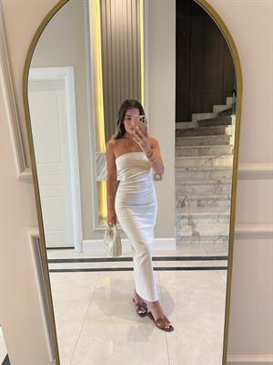 Taş Renk Straplez Midi Boy Elbise-91368