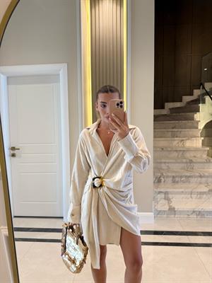 Taş Renk Yandan Tokalı Keten Elbise 