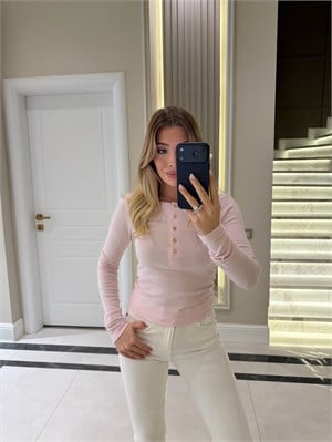 Toz Pembe Çıtçıtlı Uzun Kollu Bluz -1020