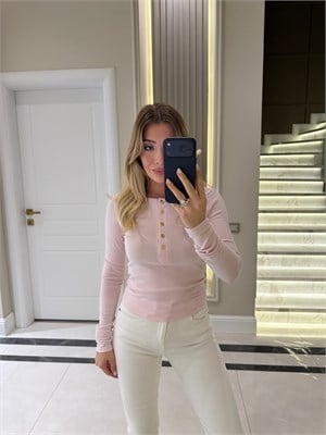 Toz Pembe Çıtçıtlı Uzun Kollu Bluz -1020