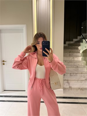 Toz Pembe Dik Yaka Fermuarlı İkili Takım - 2091