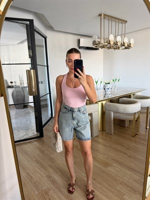 Toz Pembe Halter Yaka Top - 31753
