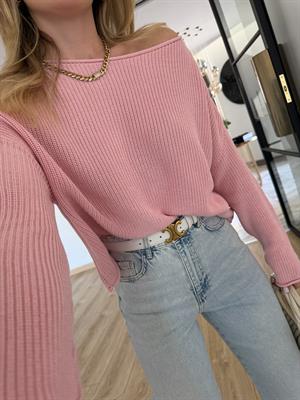 Toz Pembe Kayık Yaka Basic Triko Kazak-10804