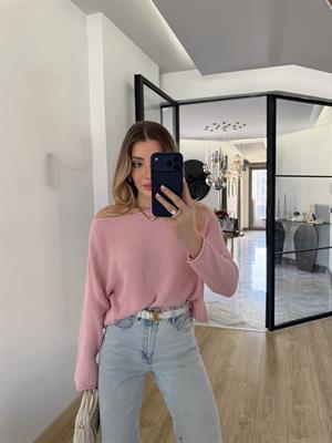 Toz Pembe Kayık Yaka Basic Triko Kazak-10804