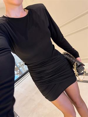 Vatkalı Eteği Drapeli Siyah Mini Elbise-251018