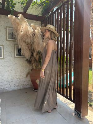 Vizon Askılı Büzgülü Natural Elbise- 3173