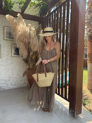 Vizon Askılı Büzgülü Natural Elbise- 3173