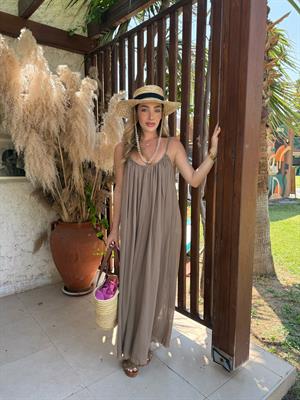 Vizon Askılı Büzgülü Natural Elbise- 3173