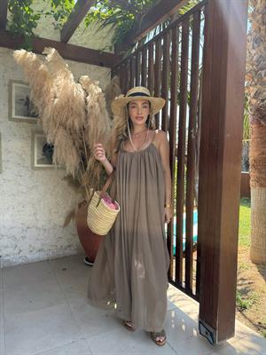 Vizon Askılı Büzgülü Natural Elbise- 3173