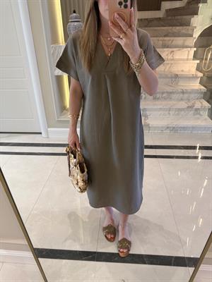 Vizon V Yaka Ham Keten Midi Boy Elbise-3131